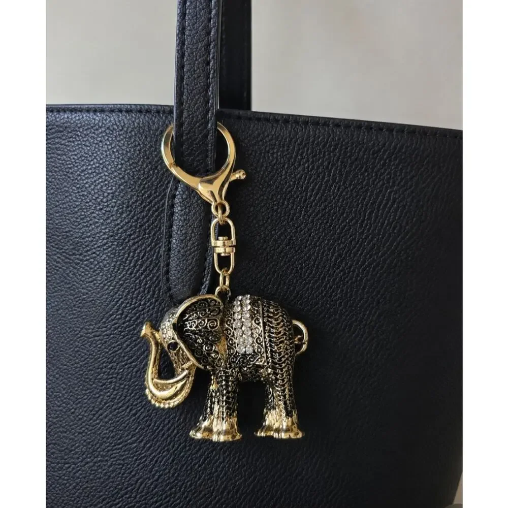 Gold Antique Rhinestone Elephant Bag Charm Key Chain